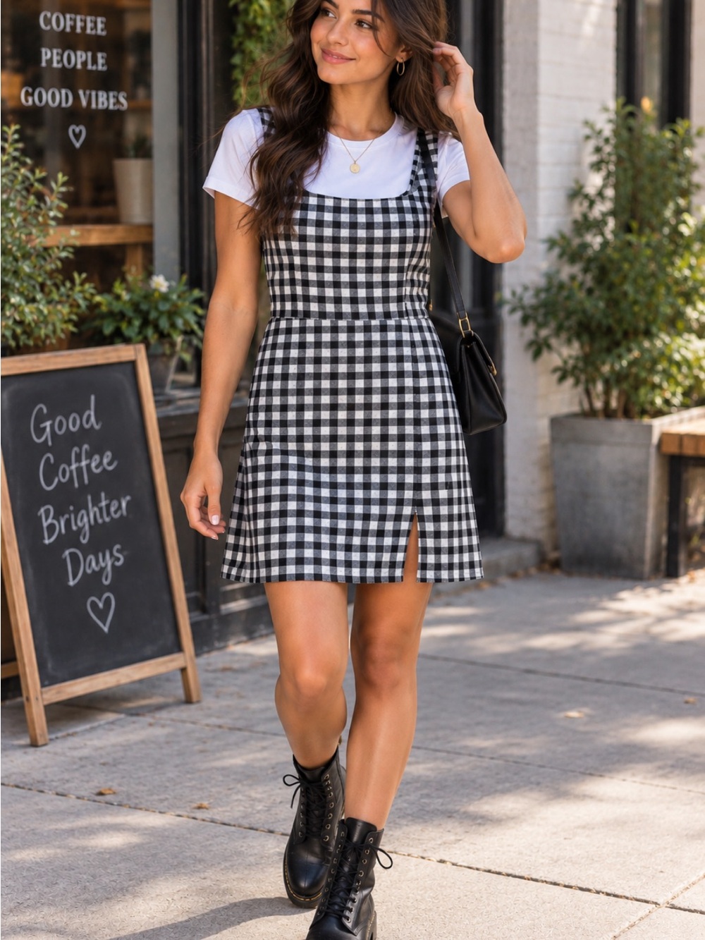 Gingham Plaid Square Neck Mini Dress - Black & White